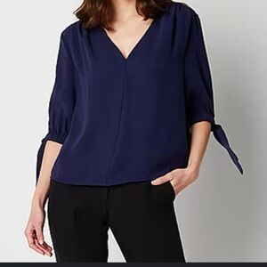 Blue Relaxed V Neck Style Blouse with 3/4 Sleeves